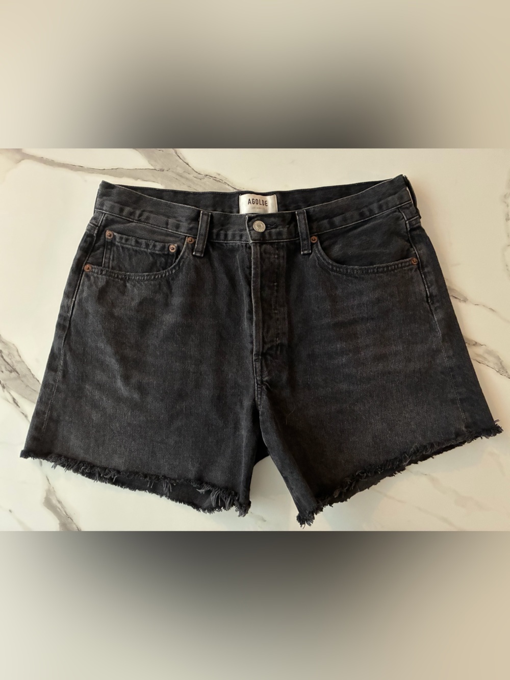 Agolde 29 Parker Long Black Denim Jeans Shorts with Frayed Hem 5 inch inseam